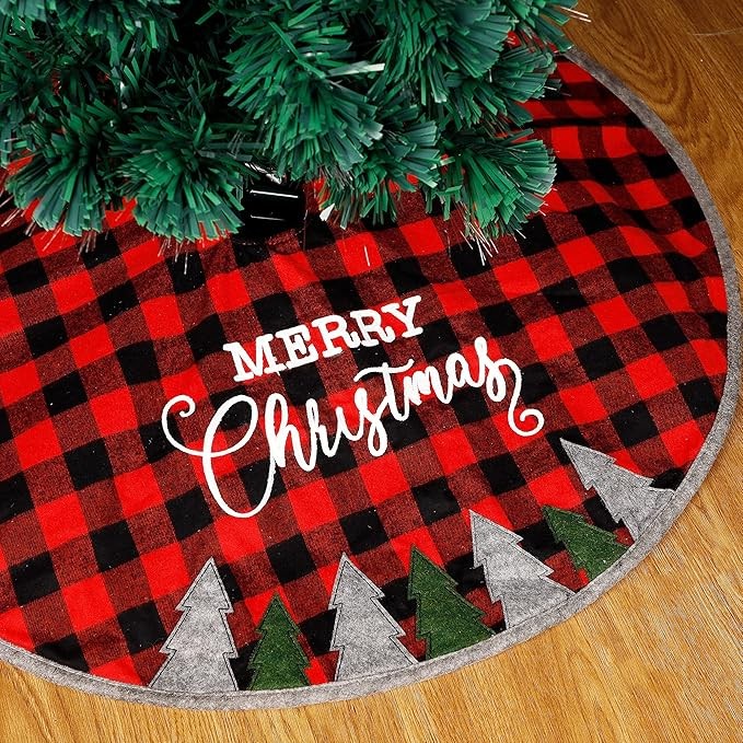Juegoal 32 Inch Christmas Tree Skirt, Soft Red and Black Plaid Christmas Tree Mat for Xmas Party Decoration, Merry Christmas Base Cover for Christmas Tree Holiday Decor