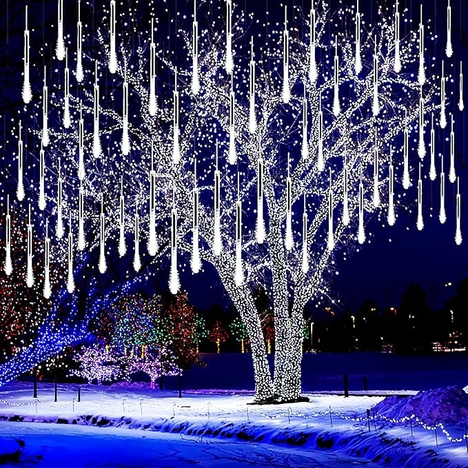 Kwaiffeo Christmas Lights Outdoor, 8 Tubes Meteor Shower Lights LED Snow Falling Icicle Cascading Light for Xmas Tree Wedding Decoration Party, UL Plug, White
