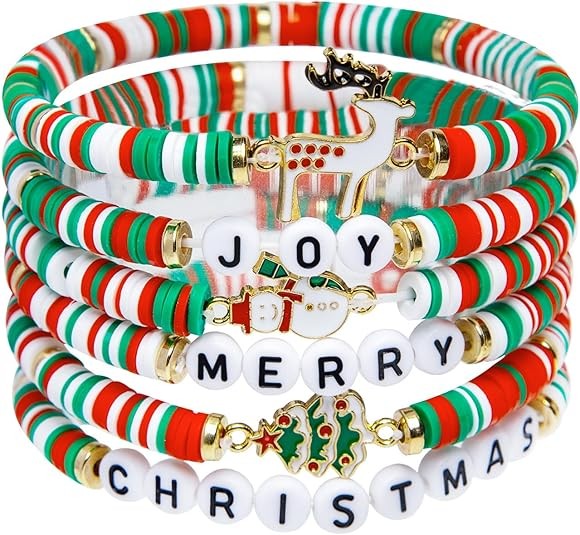 Artlunar 6 Pack Christmas Bracelets: Joy & Merry Candy-Style Stacks for Women & Teens - Perfect Christmas Gifts - Age 3 to Adult