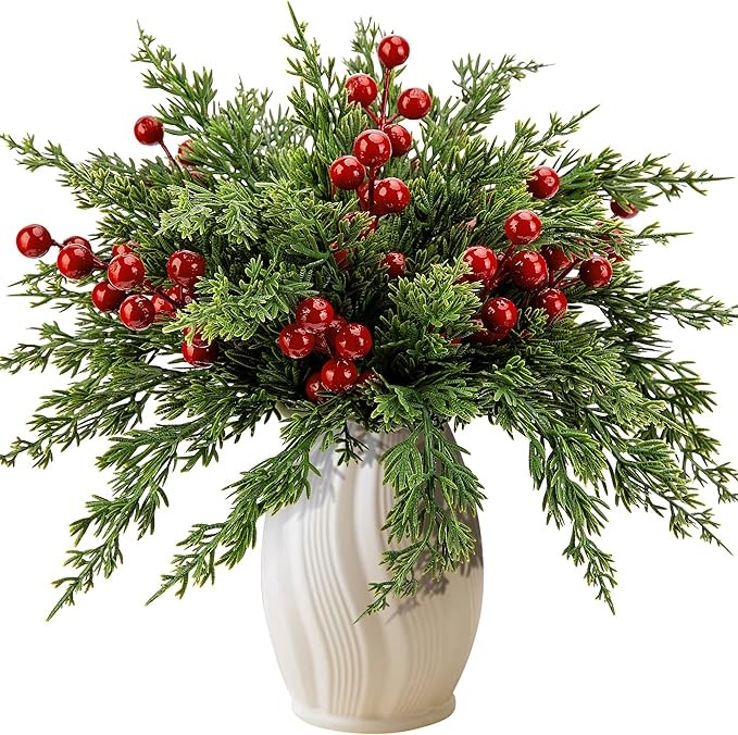 Watayo 45 Pcs Christmas Artificial Pine Branches with Red Berry Stems, 10.5" Faux Evergreen Norfolk Pine Cypress Leaves Stems, Fake Foliage Pine Needles Picks for DIY Craft Garland Home Decor
