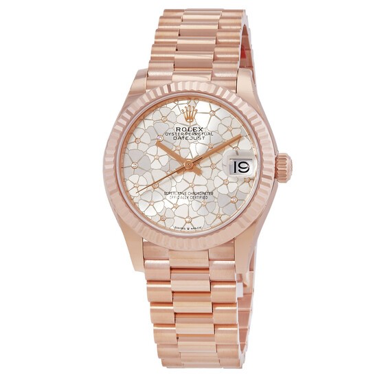 Datejust 31 Silver Floral-Motif Diamond Dial Automatic Ladies 18kt Everose Gold President Watch
